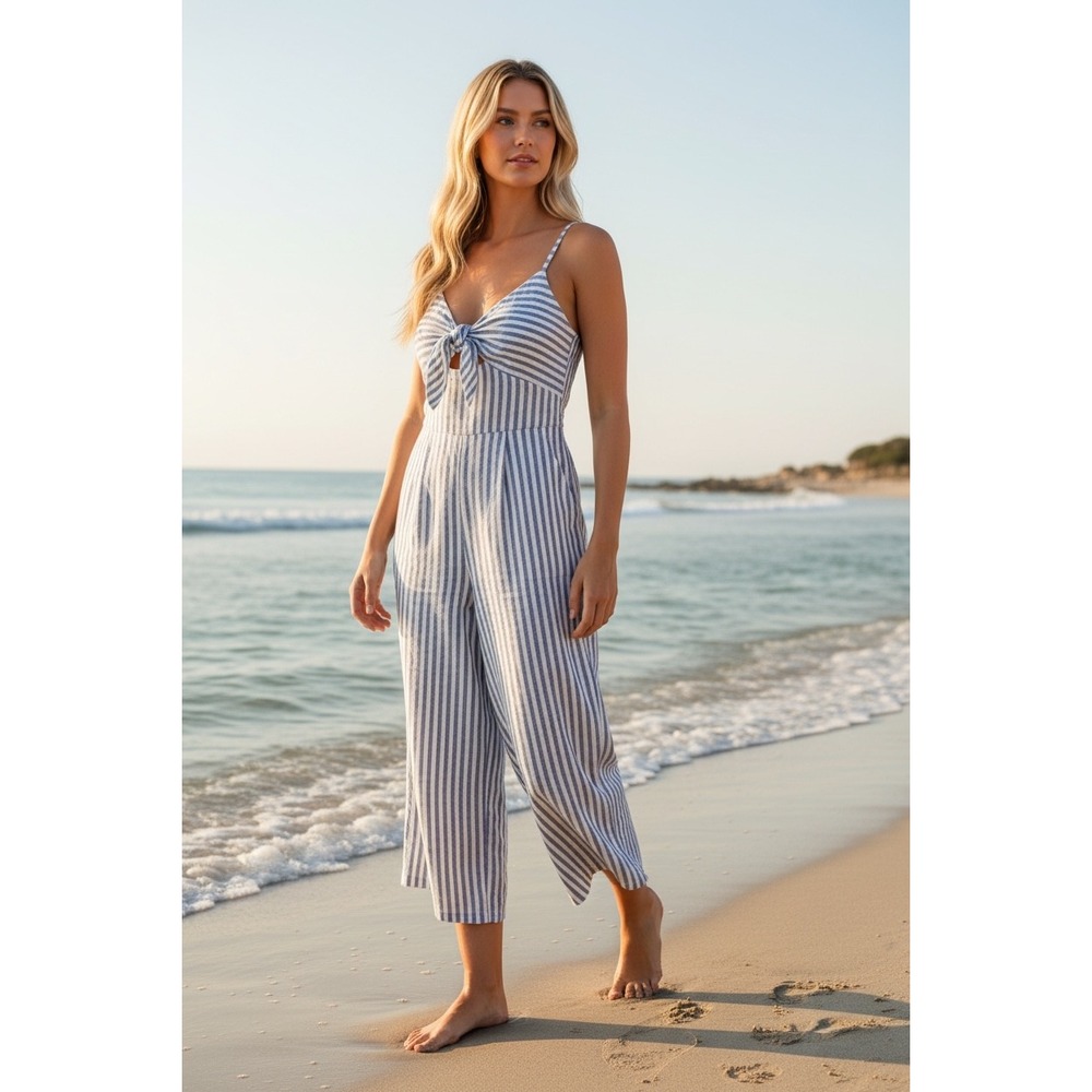 Gianna Bini Wide Leg Cotton/Linen Blue White Stripe Cropped Jumpsuit Small NEW!